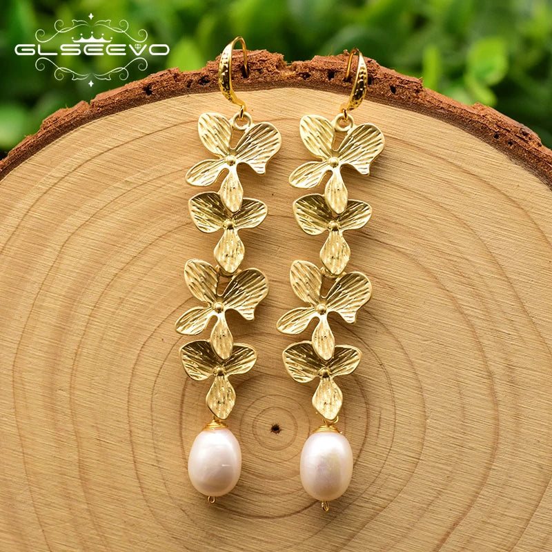 GLSEEVO Natural Freshwater Baroque Pearl & Gold Flower Leaves Jewellery Set — Necklace, Earrings & Bracelet