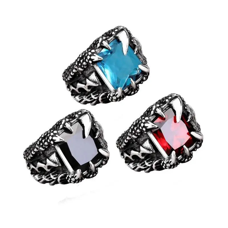 REBEL Fashion Jewelry Vintage Style Red/Black/Blue Zircon Inlaid Dragon Claw Stainless Steel Rings for Men Party Gifts