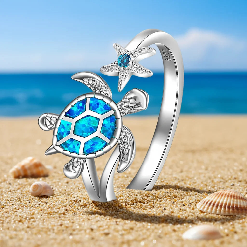 Ring | Iridescent Gem Inlay Turtle Shape Christian Lab Created Band | Modern Silver/Gold Plated Women's Trendy Fashion Jewelry
