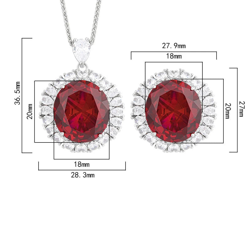 Gemfiori Elegant Oval Red Blue Zircon Pendant Necklace Adjustable Ring Cubic Zircon Jewelry Set