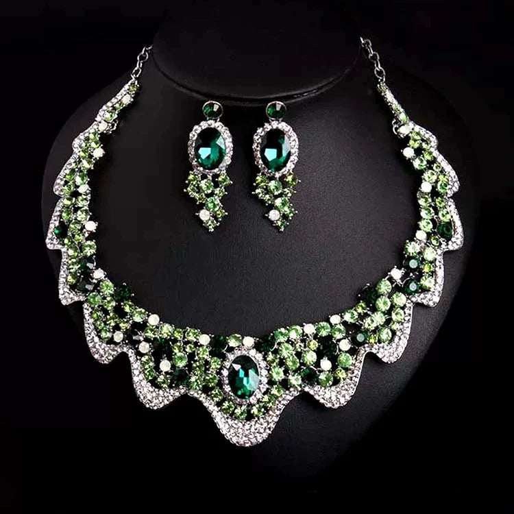 Luxury Emerald Green Crystal & Pearl Floral Statement Necklace & Drop Earrings Bridal Set — Silver Plated
