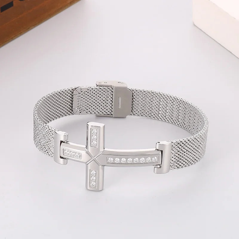 KALEN 230mm Unisex Gold/Silver Color Stainless Steel&Rhinestones Bracelet With Religious Cross Charm