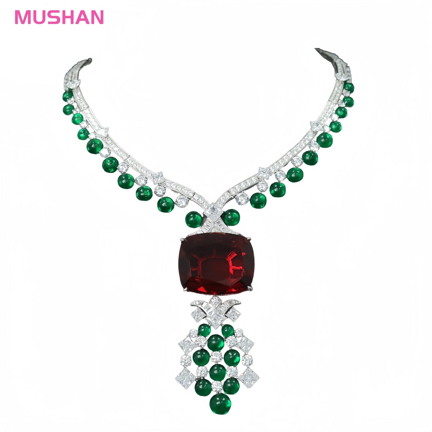 MUSHAN Luxury Red Big Ruby Pendant Necklace High Carbon Diamond Chocker 925 Sterling Silver Rhodium Plated Jewelry