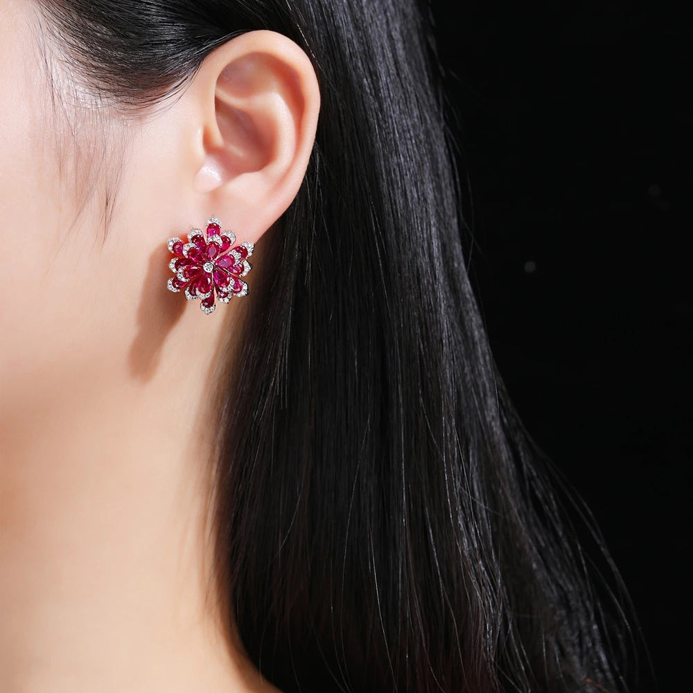 MUSHAN Jewelry Factory Big Red Flower Pure Silver Stud Earrings Light Luxury Electroplated Gold High Carbon Diamond Jewelry