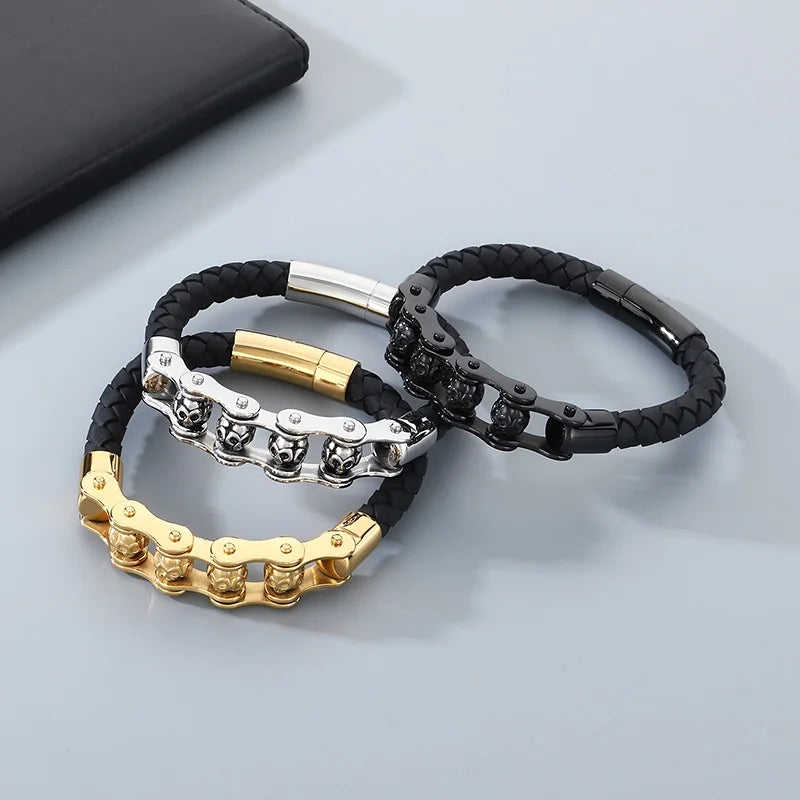 REBEL Trendy Mens Fashion Bracelets Bangles Stainless Steel Beads Leather Bracelet Bangle