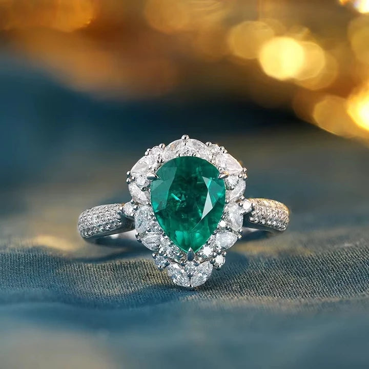 Gemfiori Custom Rings Lab Grown Emerald Rings Sterling Silver 925 Engagement Ring Rhodium Plated Prong Setting Wedding Jewelry