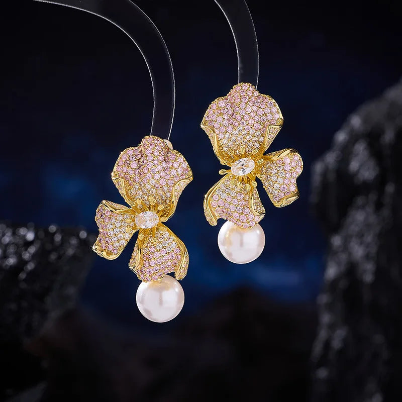 Hot Sale Micro-Inlaid Zircon Flower Earrings Pearl Drop Earrings Elegant Luxury Studs Earrings Women Jewelry Gift