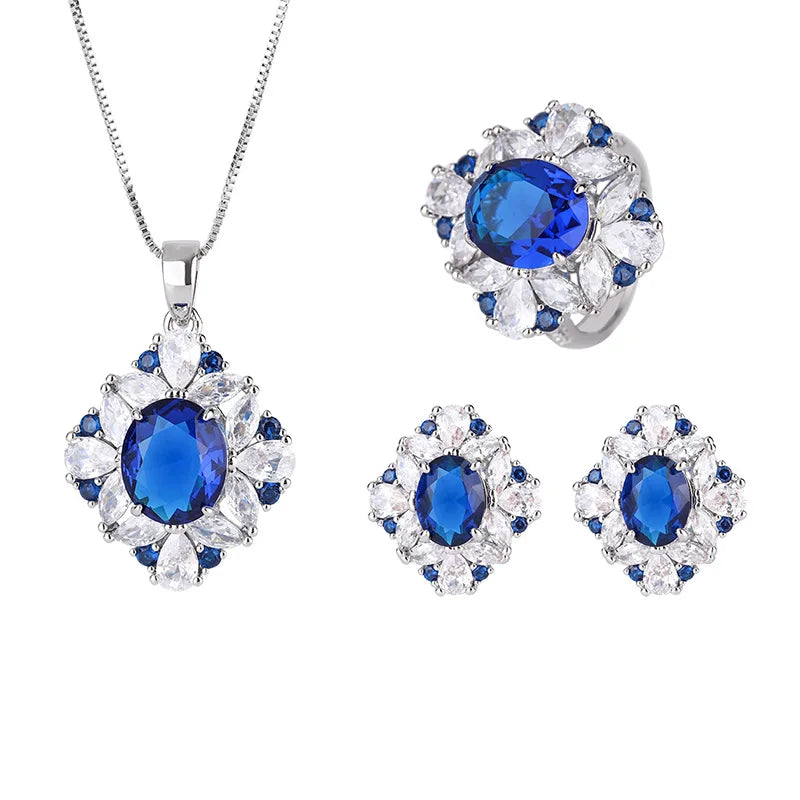 Delicate Eco-friendly Copper Dainty Floral Design Necklace Earrings Ring 3PCS Set 10*12/6*8mm Blue Zircon Flower Jewelry Set