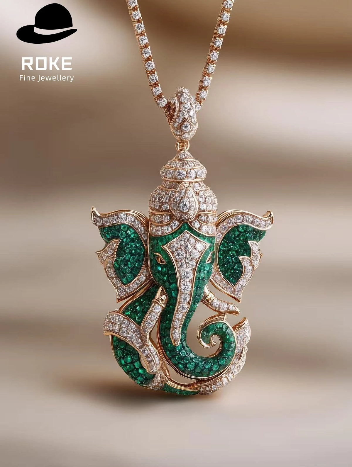 Gemfiori Luxury Ganesha Pendant 9K-18K Gold W/ Tsavorite & Lab Diamonds - IGI Certified Cultural Jewelry