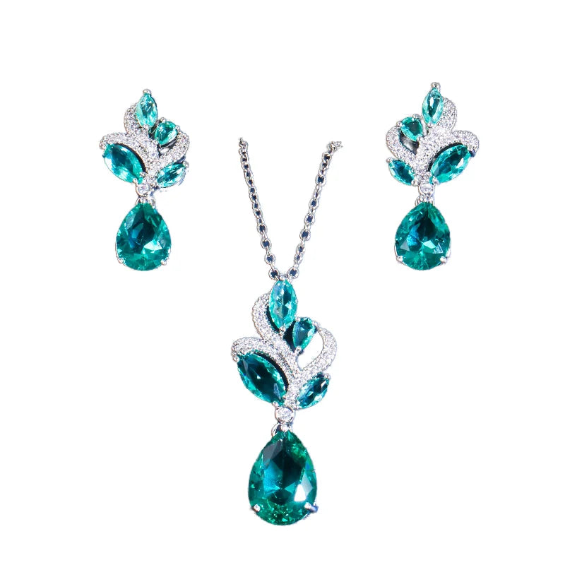 Chic Korean Style Bright Blue Waterdrop CZ Cubic Zircon Crystal Leaf Pendant Necklace Earrings Ladies Jewelry Set Gift Silver