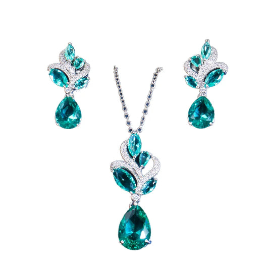 Chic Korean Style Bright Blue Waterdrop CZ Cubic Zircon Crystal Leaf Pendant Necklace Earrings Ladies Jewelry Set Gift Silver