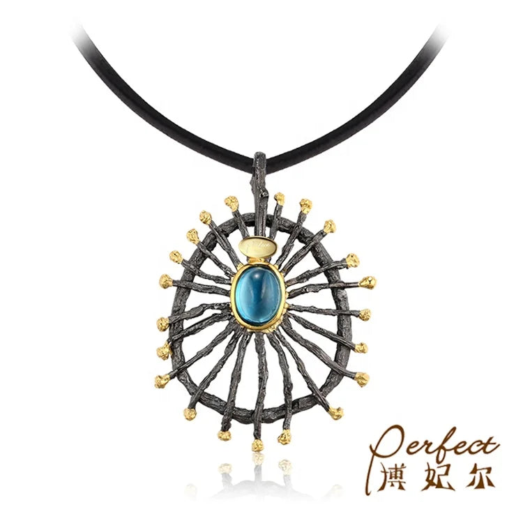 18K Gold Plated Black Rhodium Blue Topaz 925 Sterling Silver Classic Women's Pendant Jewelry Set for Party & Daily Wear