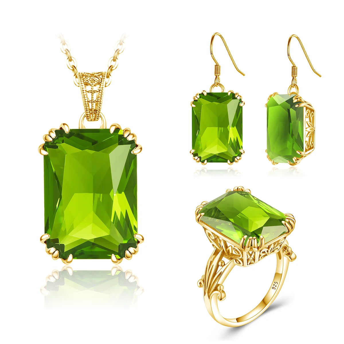 ArtistA Emerald Gemstone Vintage Engagement Wedding 925 Sterling Silver 18K Gold Plated Jewelry Set with Ring Earrings Pendant for Women