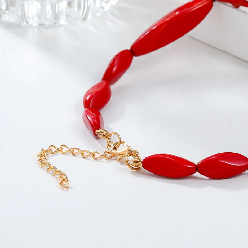 Alloy Clasp Red Coral Statement Necklace, Exaggerated Bohemian Ocean Beaded Choker, Fashion Holiday Jewelry for Women