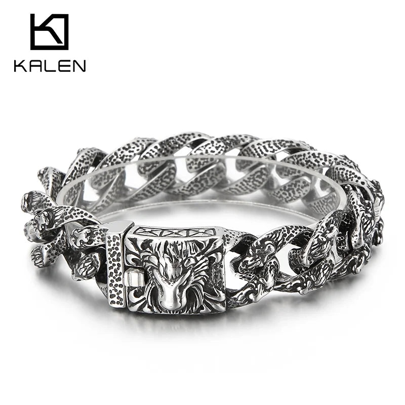 VIKING Mens Punk Lion Head Pattern Link Bracelet – Silver Stainless Steel