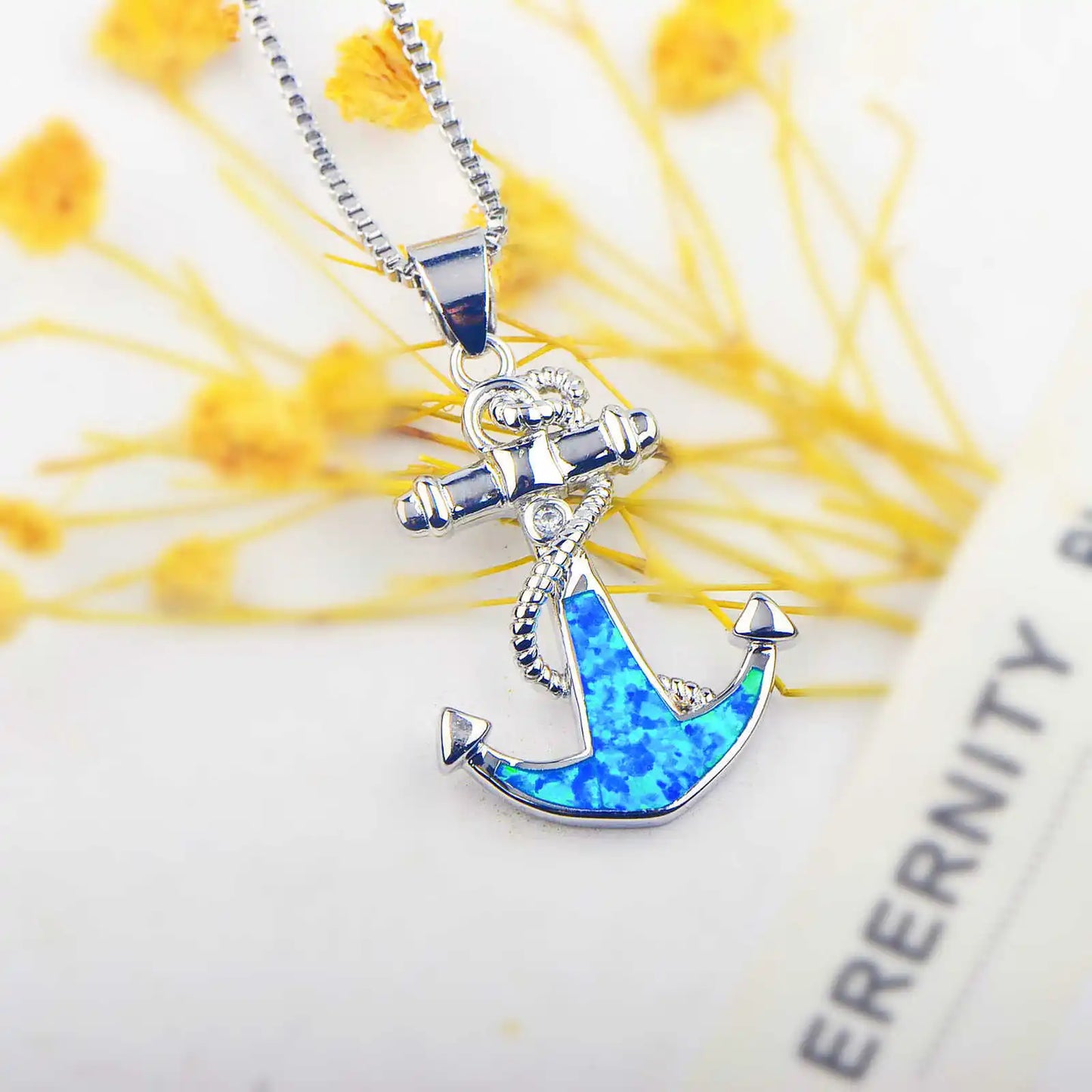 Fashionable Hawaiian Ocean Style Blue Opal Anchor Lariat Necklace Silver Plated Copper Alloy Link Chain