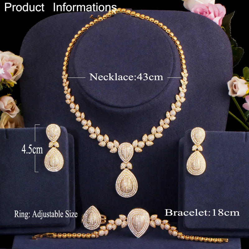 Dubai Gold Super Luxury Big Water Drop Cubic Zirconia African Jewelry Sets CZ Women Dangle Earrings Necklace for Wedding Bridal