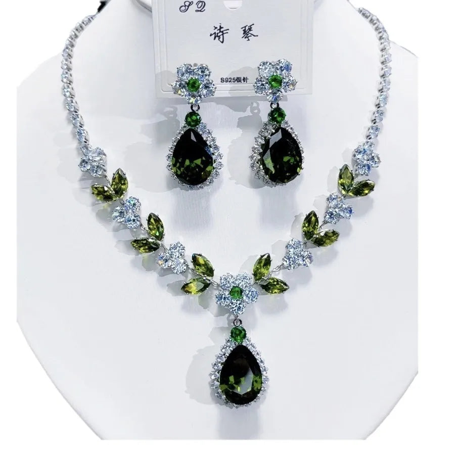 K081 High End Women Exquisite Luxurious Flower Water Drop Zircon Bridal Necklace Earrings Set Wedding Elegant Jewelry Set