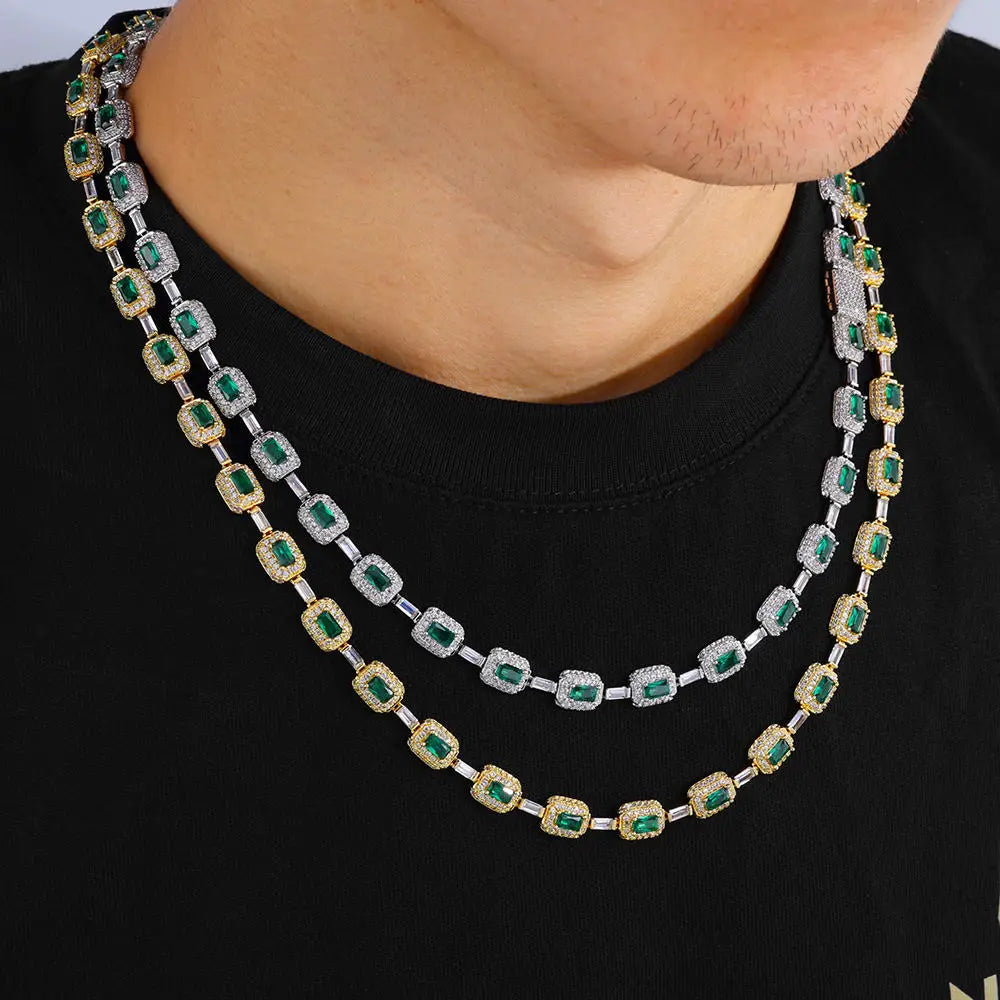 Luxury Bling CZ Tennis Necklace for Men and Women Geometric Link Chain with Classic Emerald Zircon Charm
