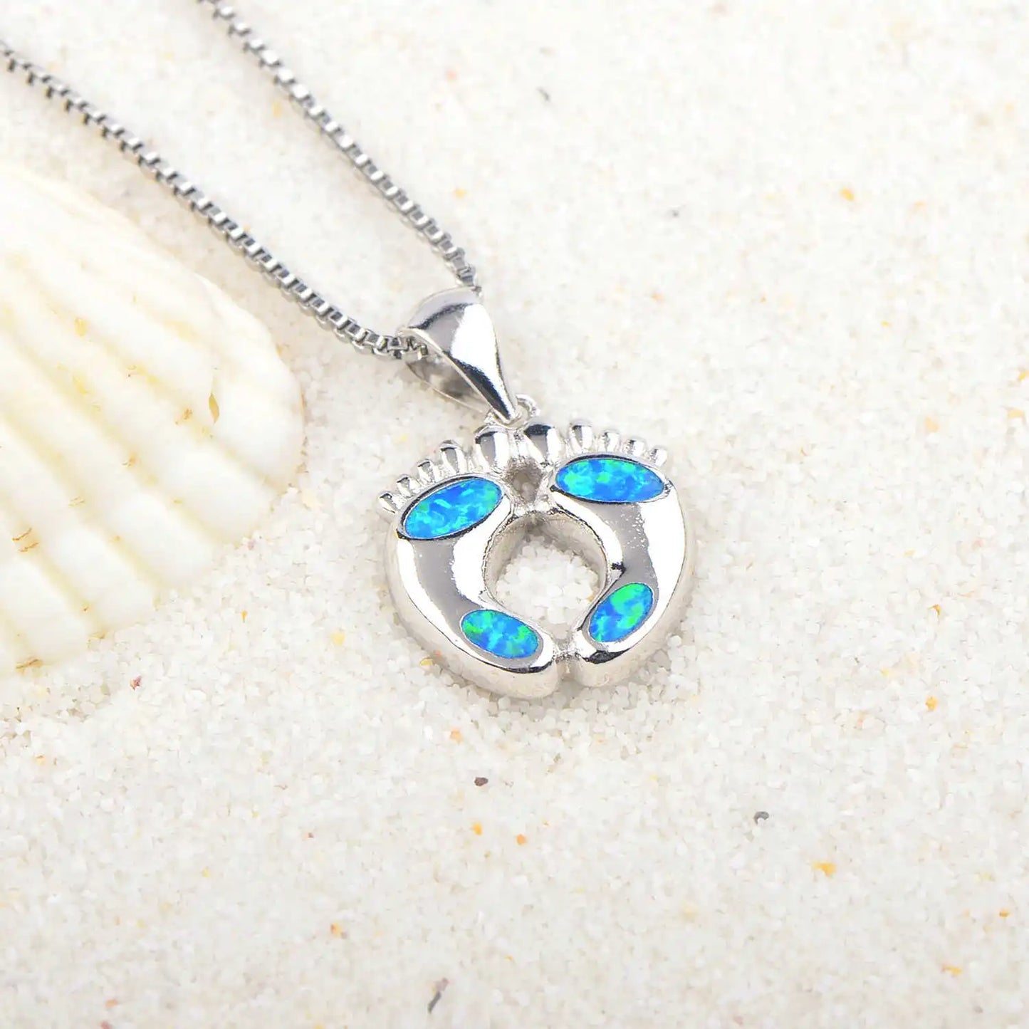 New Arrival Blue Opal Footprint Necklace - Dainty Beach-Inspired Pendant for Women Sweater Chain