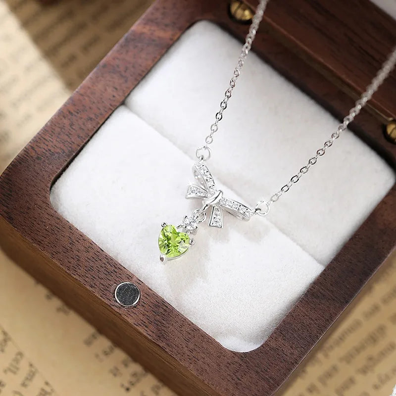 Women 925 Sterling Silver Natural Stone Garnet Necklace Engagement Wedding Bow Knot Heart Pendant Chokers Jewelry Wholesale
