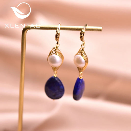 Natural Lapis Lazuli Pendant Earrings Boho Aesthetic Stone Hook Accessories for Women Romantic Fine Jewelry
