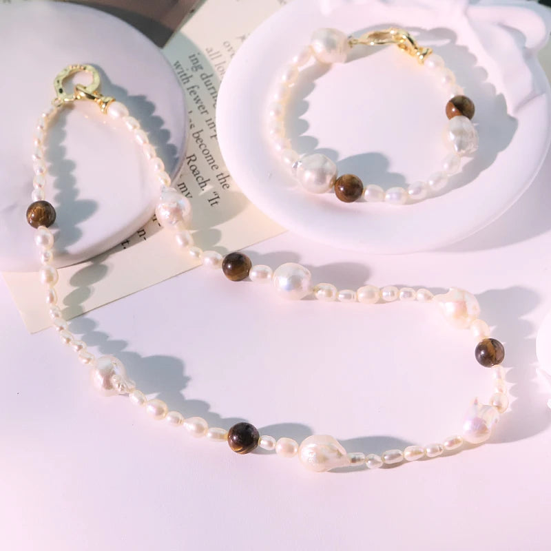GLSEEVO Natural Freshwater Pearl & Tiger Eye Stone 2-Piece Jewellery Set — Necklace & Bracelet