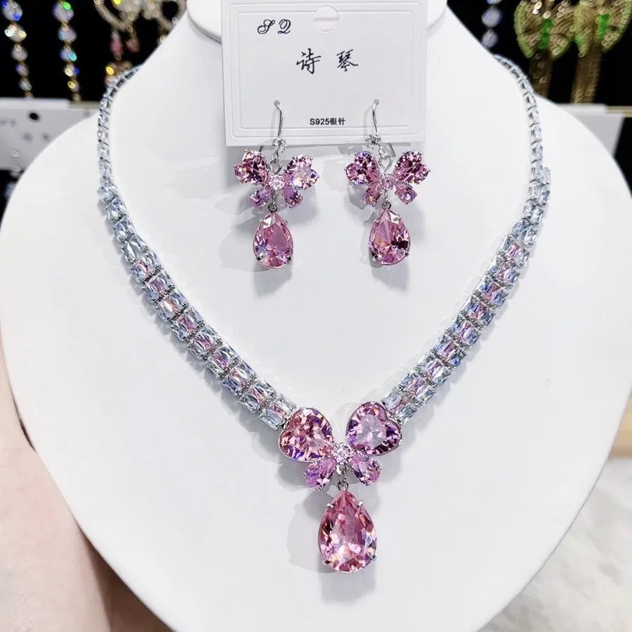 K090 Wholesale Women Trendy Luxurious Zircon Butterfly Bridal Necklace Earrings Set Wedding Elegant Jewelry Set