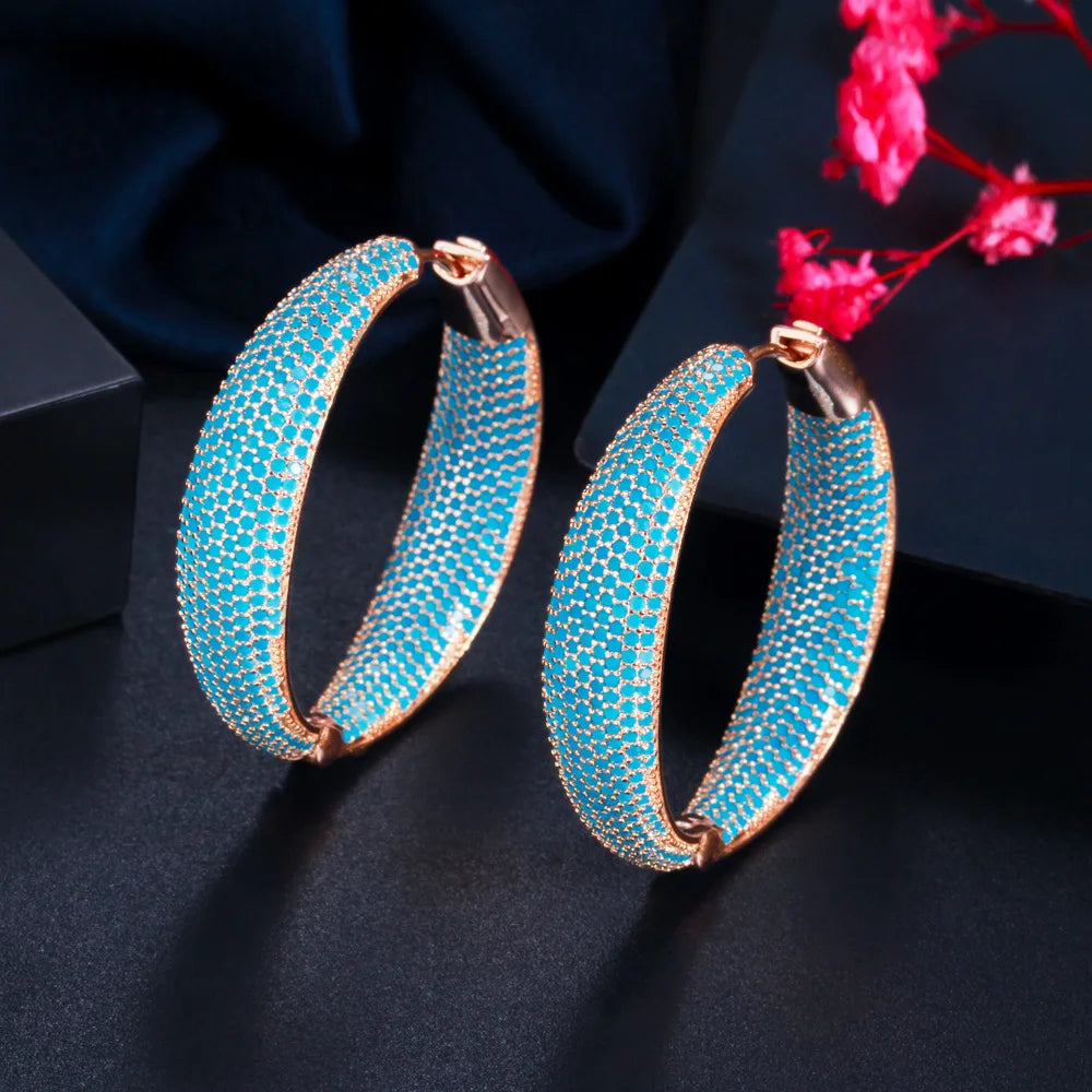 S&S Turkish-Inspired Light Blue CZ Large Hoop Earrings – 18K Champagne Gold Plated – Collection