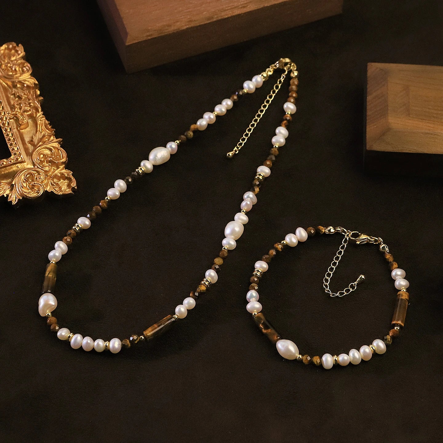 GLSEEVO Natural Pearl & Tiger Eye Stone Necklace, Earrings & Bracelet Jewellery Set — Bohemian Vintage Style