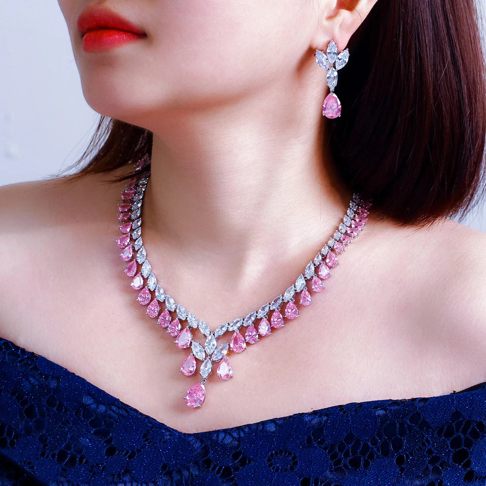 Super Luxury Cubic Zirconia Water Drop Shape Necklace and Earrings Wedding Bridal White Pink Jewelry Set for Women