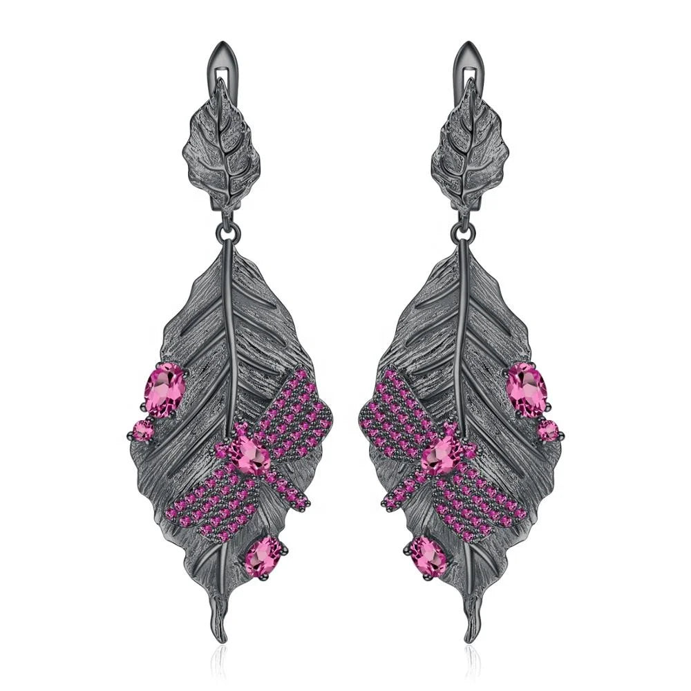 ArtistA Abiding Factory Original Design Black Gun Plated 925 Silver Leaf Shape Rhodolite Garnet Fine Jewelry Set for Women