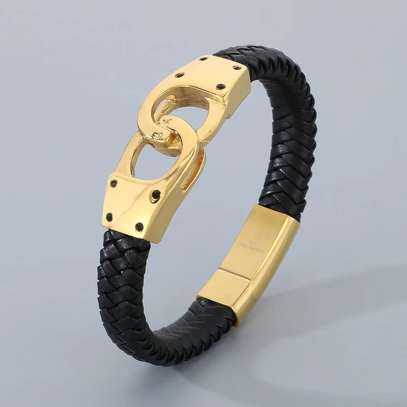 REBEL 220mm Punk Stainless Steel&Leather Handcuff Bangle Bracelet