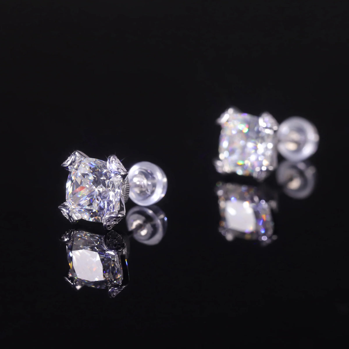 ArtistA AR219 Abiding Iced Out Pave Prong Cushion Cut Crushed Ice Cubic Zirconia Diamond 925 Sterling Silver Stud Earrings