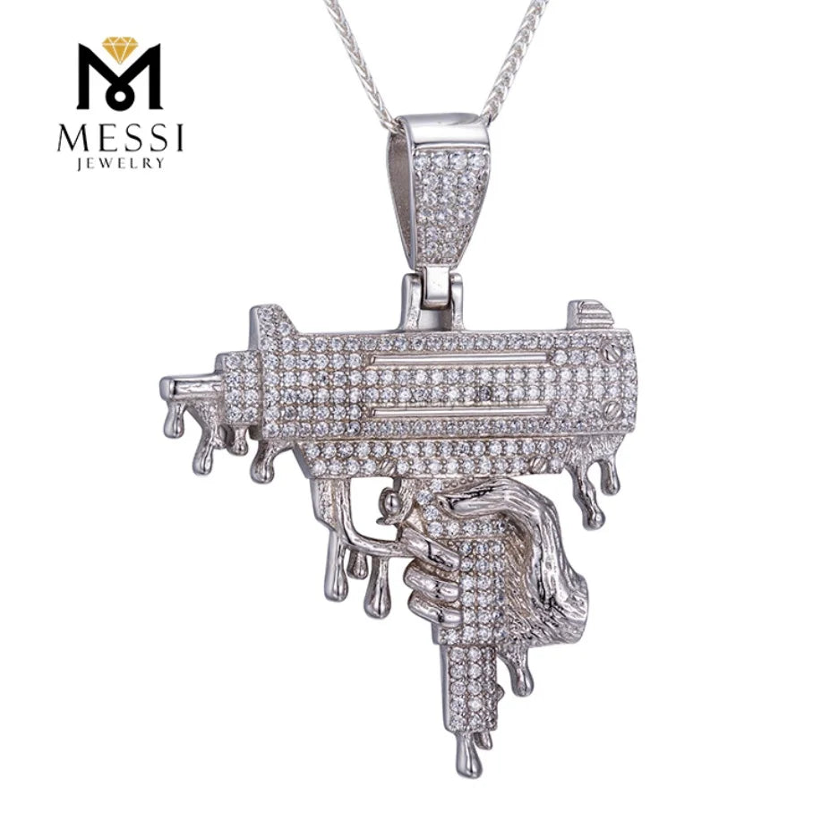 BiG-BOSS Messi Jewelry 925 Silver Jewelry Cz Stone Hip Hop Gun Pendant Necklace for Men