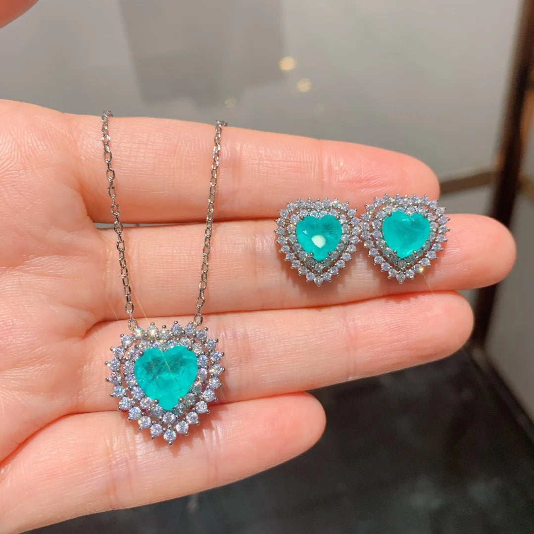 Fashion Eco-friendly Copper Heart Jewelry Set Imitation Paraiba Gemstone 8MM 10MM Earring Necklace Women Daily Party Wedding