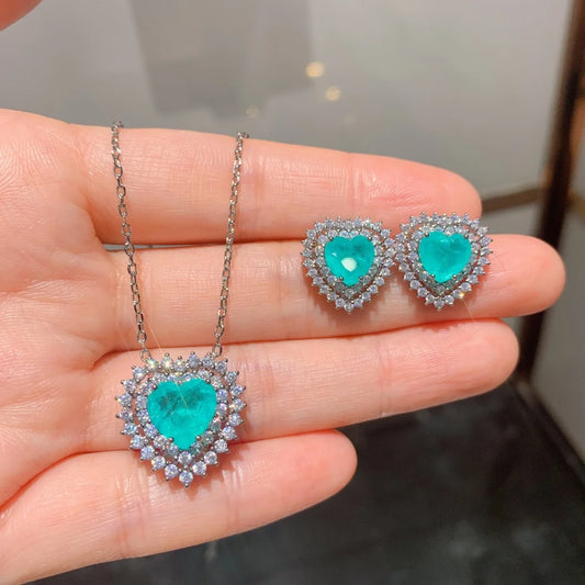 REDheart Fashion Eco-friendly Copper Heart Jewelry Set Imitation Paraiba Gemstone 8MM 10MM Earring Necklace Women Daily Party Wedding