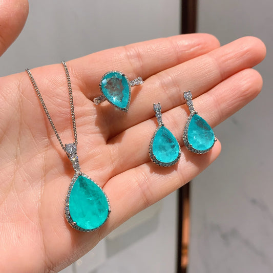 Elegant Fashion Jewelry Eco-friendly Copper 12-10MM Sea Blue Zircon Floral Pendant Earrings Set Women's Bridal Jewelry Set