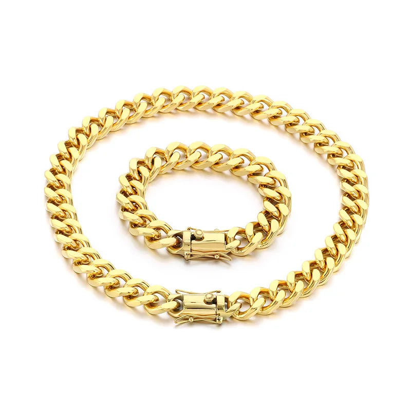REBEL European American Hip-Hop 18K Gold-Plated 12mm Four-Sided Grind Cuban Chain Stainless Steel Fashion Necklaces