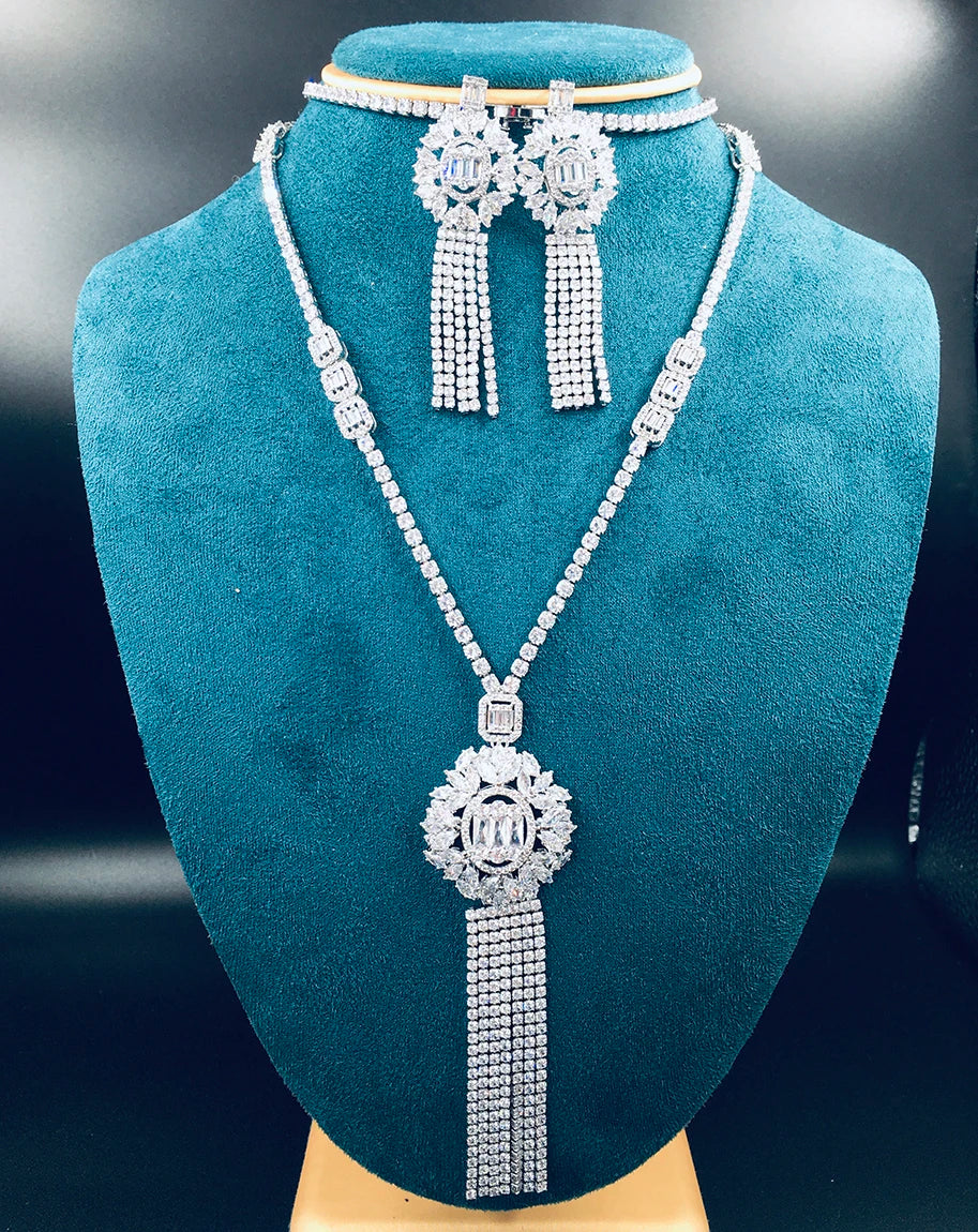 UAE 2PCS Luxury Long Tassel Jewelry Set for Women Wedding Cubic Zircon CZ African Dubai Bridal Jewelry