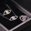ArtistA Abiding Vintage Lucky Turkish Devil Eye Natural Milky Blue Moonstone Necklace Bracelet Ring 3 Pieces Jewelry Set in 925 Silver
