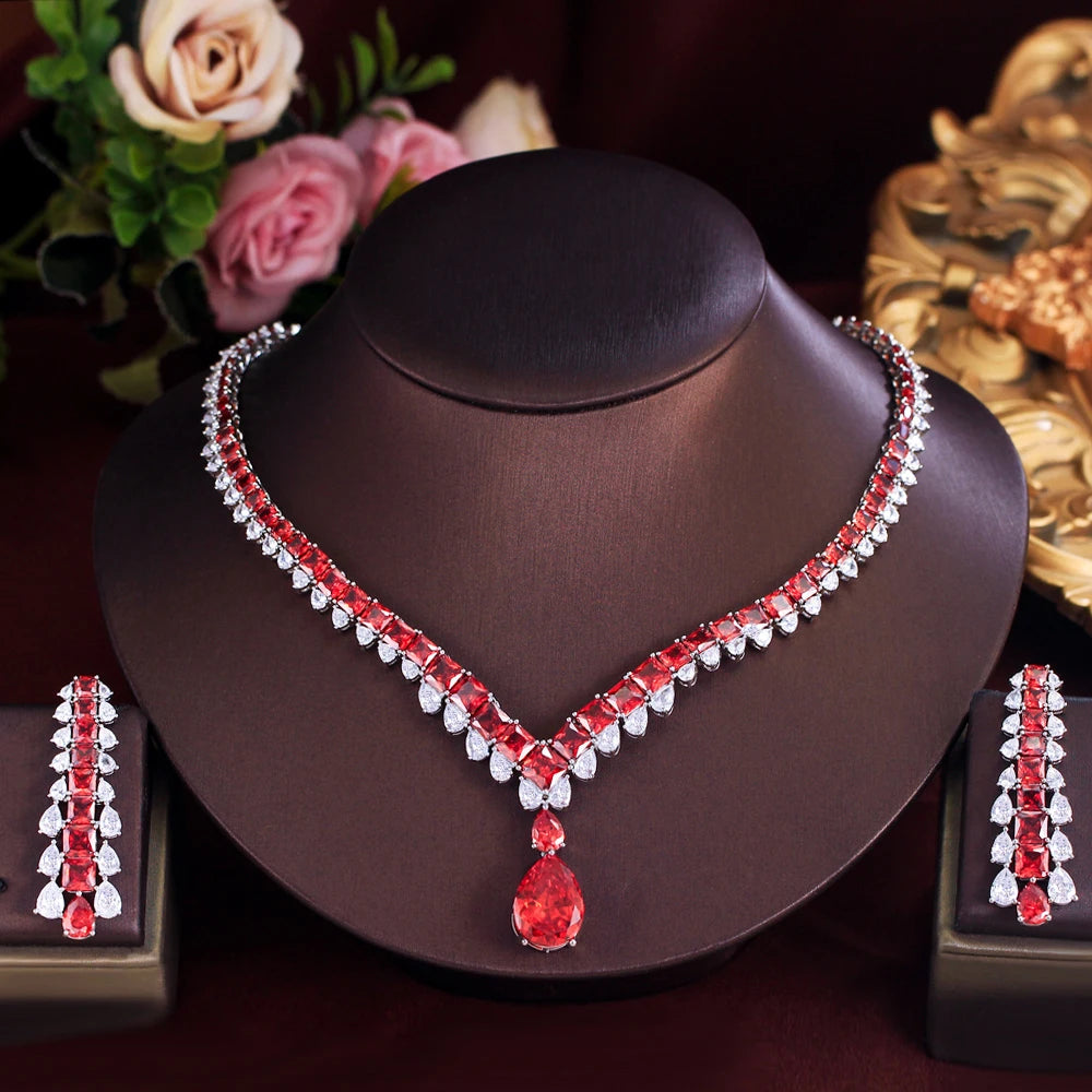 Luxury White Red Water Drop Zirconia Long Dangle Earrings and Necklace Bridal Wedding Party Jewelry Set for Women