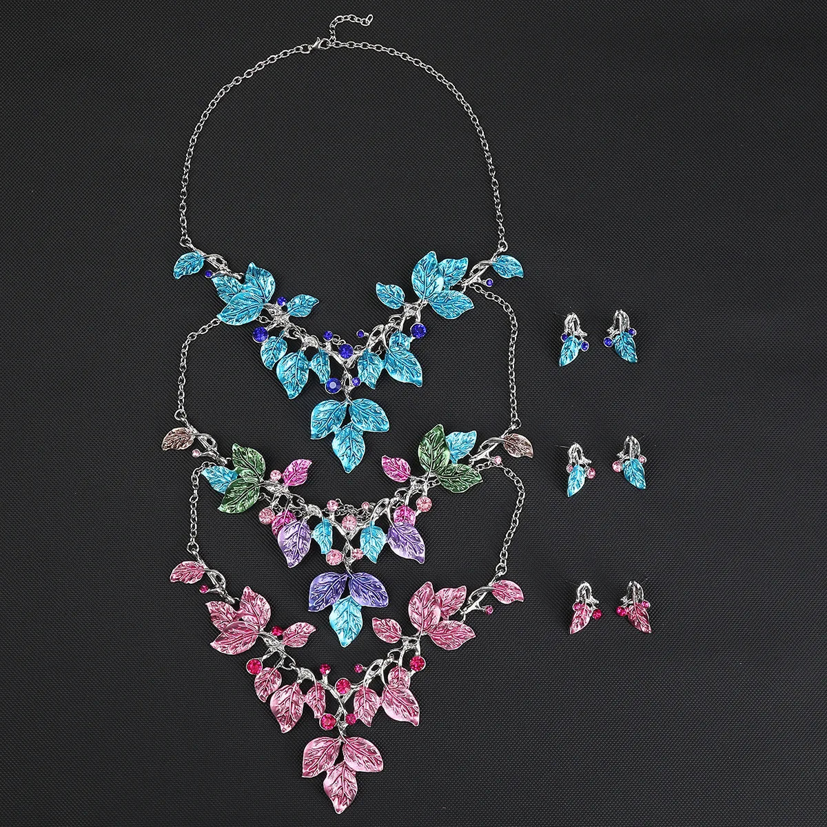 Painted Enamel Leaf Crystal Necklace & Earrings Jewellery Set | Colourful Botanical Fashion Set