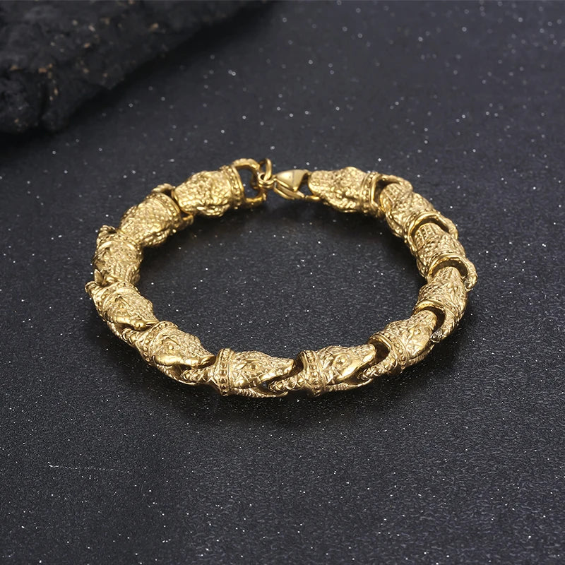 REBEL 220mm Men Punk Silver/Gold Stainless Steel Snake Head Links Bracelet