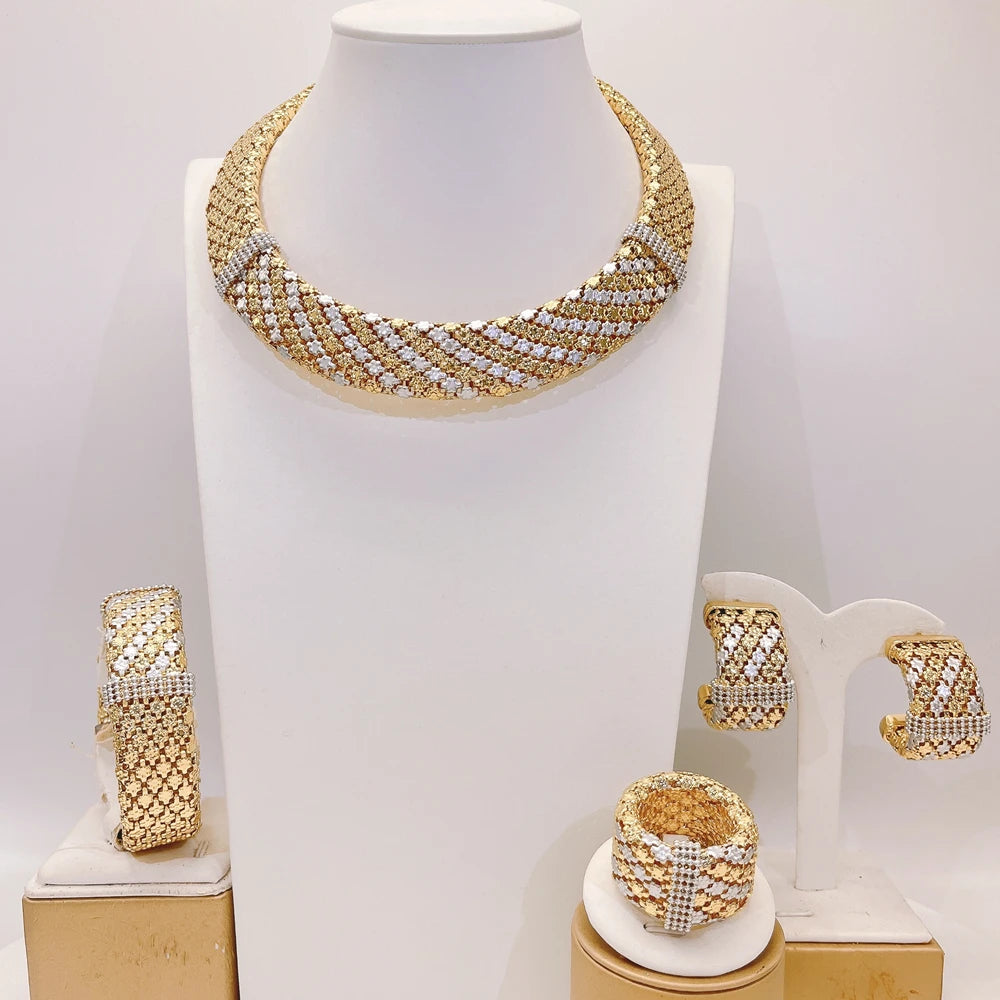 Zhuerrui Italian Jewelry Set Brazilian Gold Plated Brass Jewelry Sets Wedding Party Necklace Bracelet Earrings Ring Jewellery