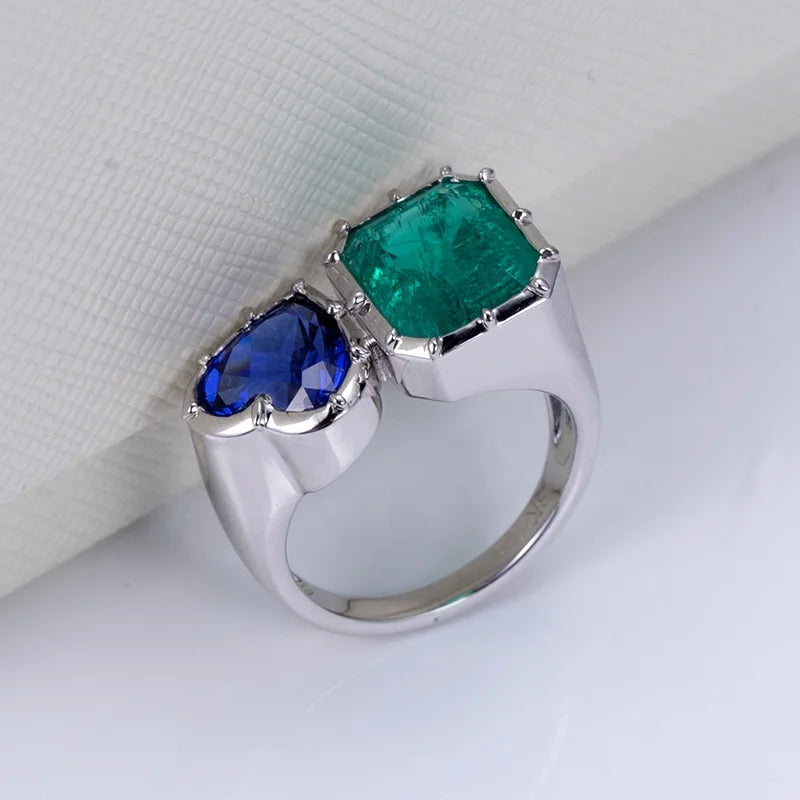 MSR-1170 18K Gold Lab Emerald and Sapphire Ring Wedding Diamond Engagement Ring