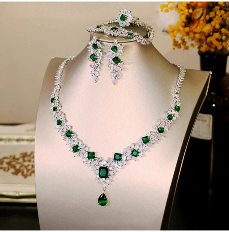 XM S315 Emerald Green Cubic Zirconia Floral Leaf Statement Necklace & Earrings Set