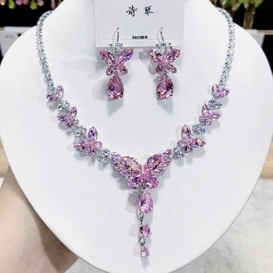 K089 Hot Selling Women Trendy Luxurious Zircon Butterfly Bridal Necklace Earrings Set Wedding Elegant Jewelry Set