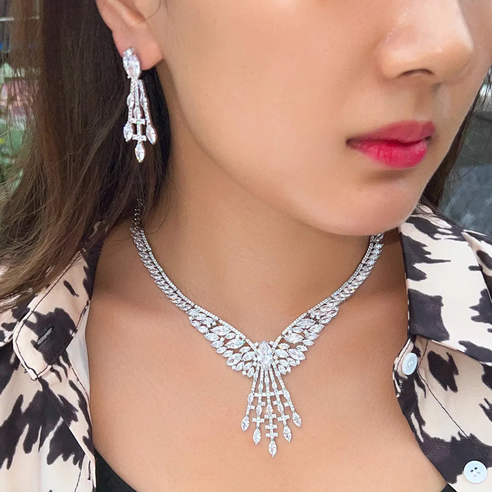 2pcs Gorgeous Perfect Cut Yellow Cubic Zirconia Luxury Women Party Wedding Costume Necklace and Earrings Bridal Jewelry Sets