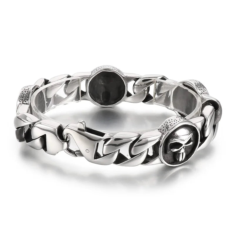 KALEN 230mm Men Punk Stainless Steel Skull Charms Cuban Links Bracelet